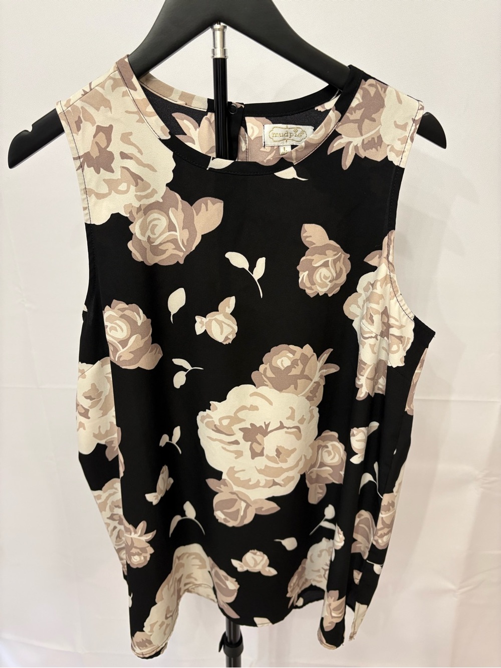 Mud Pie Black Tank Top with Cream & Taupe Floral Print